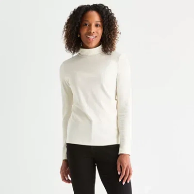 St. John's Bay Womens Mock Neck Long Sleeve T-shirt In White