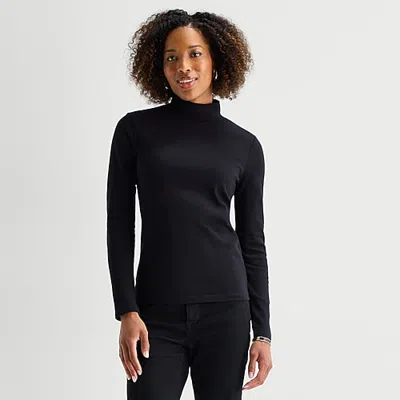 St. John's Bay Womens Mock Neck Long Sleeve T-shirt In Black