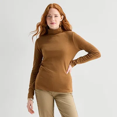 St. John's Bay Womens Mock Neck Long Sleeve T-shirt In Brown