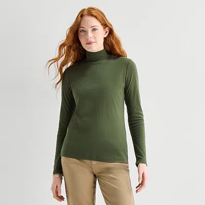 St. John's Bay Womens Mock Neck Long Sleeve T-shirt In Green