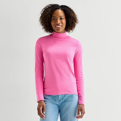 St. John's Bay Womens Mock Neck Long Sleeve T-shirt In Pink