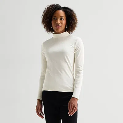 St. John's Bay Womens Mock Neck Long Sleeve T-shirt In White