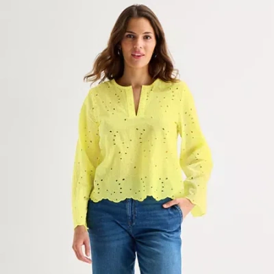 St. John's Bay Womens Notch Neck Long Sleeve Blouse In Yellow
