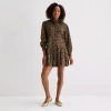 St. John's Bay Womens Petite Long Sleeve Animal Shirt Dress In Brown