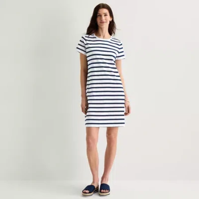 St. John's Bay Womens Petite Short Sleeve Striped T-shirt Dress In Blue