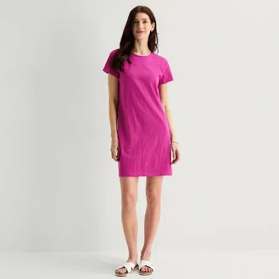 St. John's Bay Womens Petite Short Sleeve Striped T-shirt Dress In Pink
