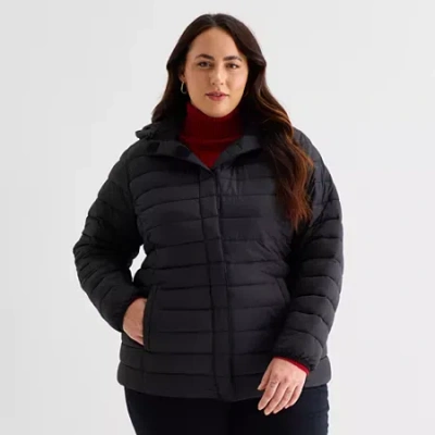 St. John's Bay Womens Plus Adaptive Hooded Easy-on + Easy-off Midweight Puffer Jacket In Black