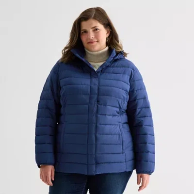 St. John's Bay Womens Plus Adaptive Hooded Easy-on + Easy-off Midweight Puffer Jacket In Blue