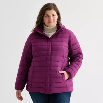 St. John's Bay Womens Plus Adaptive Hooded Easy-on + Easy-off Midweight Puffer Jacket In Purple