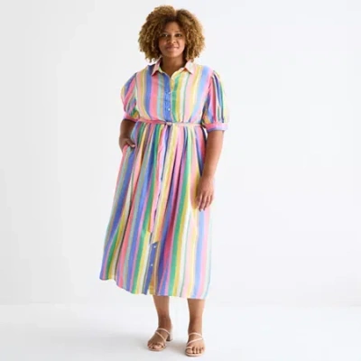 St. John's Bay Womens Plus Belted Short Sleeve Striped Shirt Dress In Multi