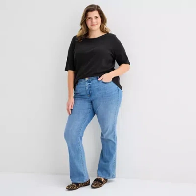 St. John's Bay Womens Plus Boat Neck 3/4 Sleeve T-shirt In Black