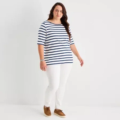 St. John's Bay Womens Plus Boat Neck 3/4 Sleeve T-shirt In Blue