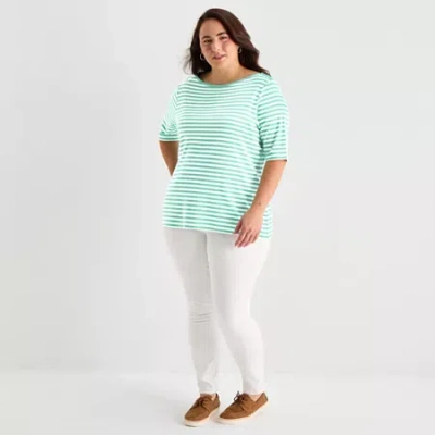 St. John's Bay Womens Plus Boat Neck 3/4 Sleeve T-shirt In Green