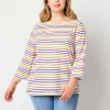 St. John's Bay Womens Plus Boat Neck 3/4 Sleeve T-shirt In Multi