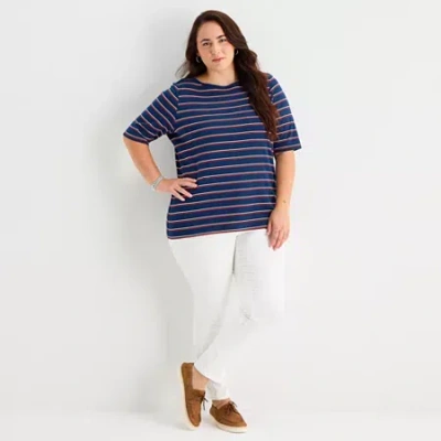 St. John's Bay Womens Plus Boat Neck 3/4 Sleeve T-shirt In Blue