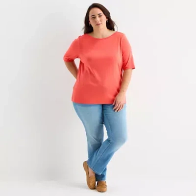 St. John's Bay Womens Plus Boat Neck 3/4 Sleeve T-shirt In Red
