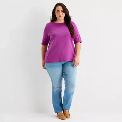 St. John's Bay Womens Plus Boat Neck 3/4 Sleeve T-shirt In Purple