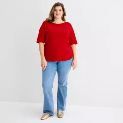 St. John's Bay Womens Plus Boat Neck 3/4 Sleeve T-shirt In Red