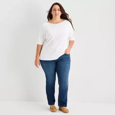 St. John's Bay Womens Plus Boat Neck 3/4 Sleeve T-shirt In White