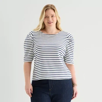 St. John's Bay Womens Plus Crew Neck 3/4 Sleeve Blouse In Blue
