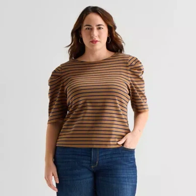 St. John's Bay Womens Plus Crew Neck 3/4 Sleeve Blouse In Brown