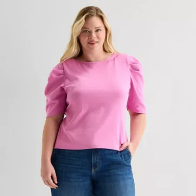 St. John's Bay Womens Plus Crew Neck 3/4 Sleeve Blouse In Purple