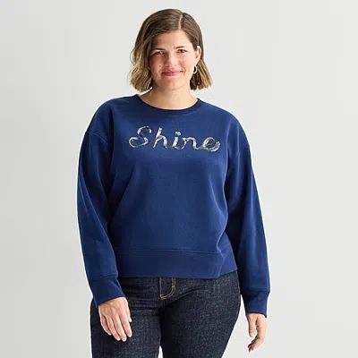 St. John's Bay Womens Plus Crew Neck Long Sleeve Sweatshirt In Blue