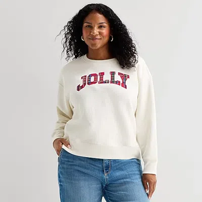St. John's Bay Womens Plus Crew Neck Long Sleeve Sweatshirt In White