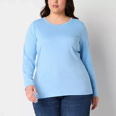 St. John's Bay Womens Plus Crew Neck Long Sleeve T-shirt In Blue