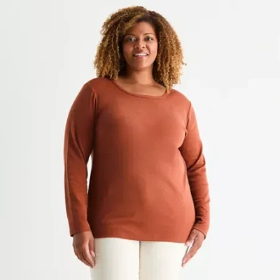 St. John's Bay Womens Plus Crew Neck Long Sleeve T-shirt In Brown