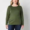 St. John's Bay Womens Plus Crew Neck Long Sleeve T-shirt In Green