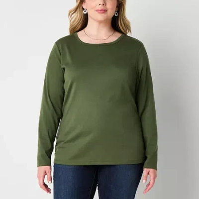 St. John's Bay Womens Plus Crew Neck Long Sleeve T-shirt In Green
