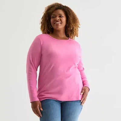 St. John's Bay Womens Plus Crew Neck Long Sleeve T-shirt In Pink