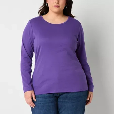St. John's Bay Womens Plus Crew Neck Long Sleeve T-shirt In Purple