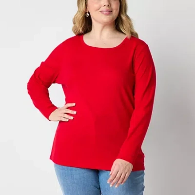 St. John's Bay Womens Plus Crew Neck Long Sleeve T-shirt In Red