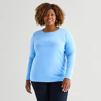 St. John's Bay Womens Plus Crew Neck Long Sleeve T-shirt In Blue
