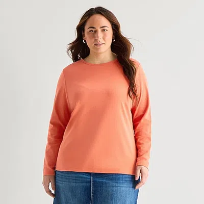 St. John's Bay Womens Plus Crew Neck Long Sleeve T-shirt In Orange