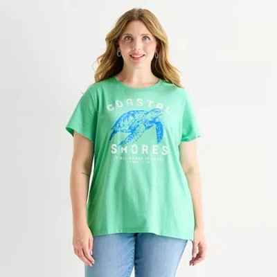 St. John's Bay Womens Plus Crew Neck Short Sleeve Regular Fit Graphic T-shirt In Green