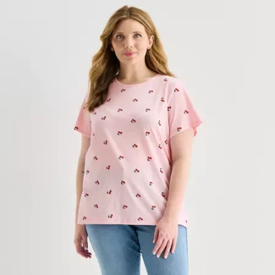 St. John's Bay Womens Plus Crew Neck Short Sleeve Regular Fit Graphic T-shirt In Pink