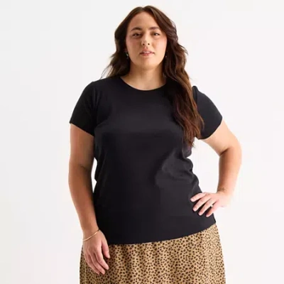 St. John's Bay Womens Plus Crew Neck Short Sleeve T-shirt In Black