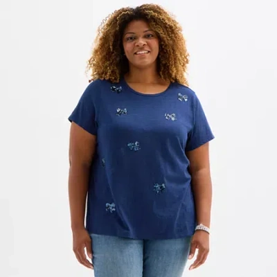 St. John's Bay Womens Plus Crew Neck Short Sleeve T-shirt In Blue