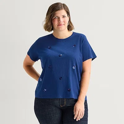 St. John's Bay Womens Plus Crew Neck Short Sleeve T-shirt In Blue