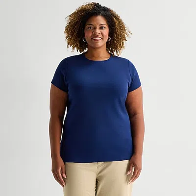 St. John's Bay Womens Plus Crew Neck Short Sleeve T-shirt In Blue