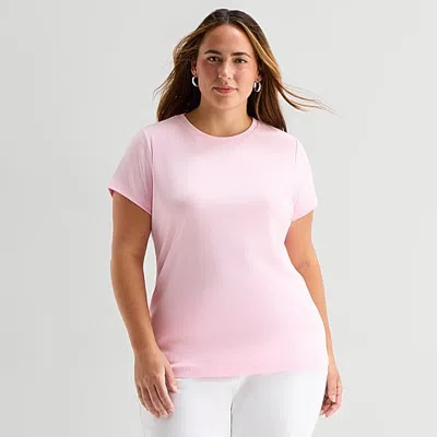 St. John's Bay Womens Plus Crew Neck Short Sleeve T-shirt In Pink
