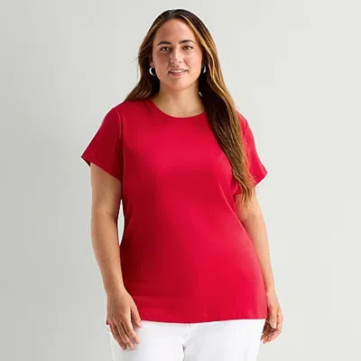 St. John's Bay Womens Plus Crew Neck Short Sleeve T-shirt In Red