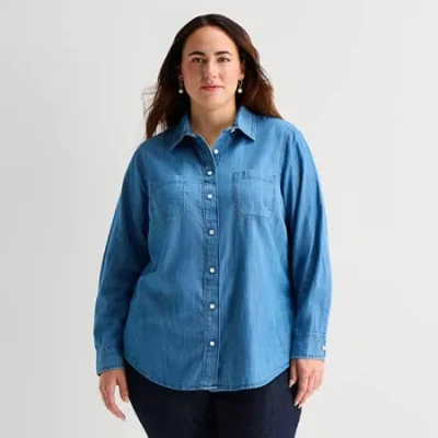 St. John's Bay Womens Plus Cuffed Long Sleeve Regular Fit Button-down Shirt In Blue