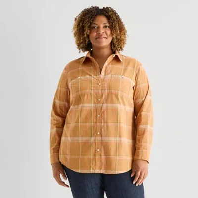 St. John's Bay Womens Plus Cuffed Long Sleeve Regular Fit Button-down Shirt In Brown
