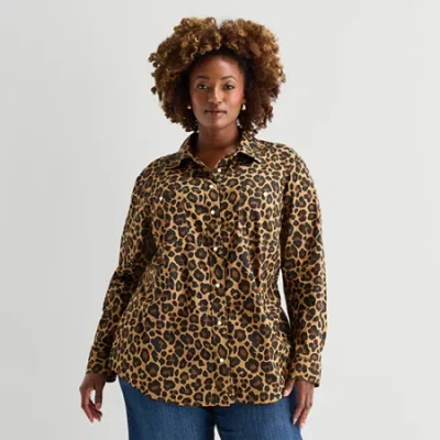 St. John's Bay Womens Plus Cuffed Long Sleeve Regular Fit Button-down Shirt In Brown