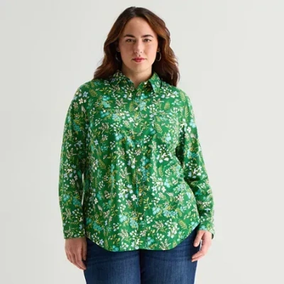 St. John's Bay Womens Plus Cuffed Long Sleeve Regular Fit Button-down Shirt In Green