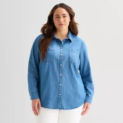 St. John's Bay Womens Plus Cuffed Long Sleeve Regular Fit Button-down Shirt In Multi